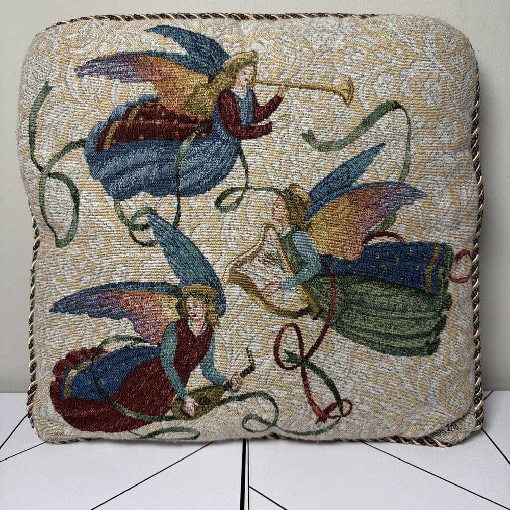 Vintage Christmas Angel Tapestry Throw Pillow 16" Square Musical Cottagecore